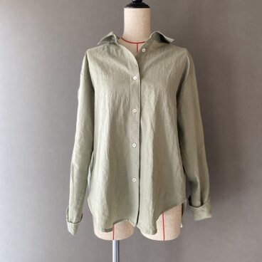 受注製作　大人の上質ハーフリネンシャツ　コットンリネン　春シャツ　抜き衿シャツ　貝ボタン　ちょっと大きめ　40サイズ