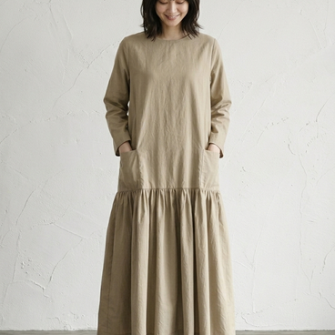 sample price☆ローウエスト切り替えギャザーワンピース♡ベージュ♪コットンタイプライター・綺麗めにも♡