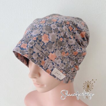 おしゃれでかわいいハンドメイド帽子《minnetto(ミネット)ネイビー✖️グレー》医療用帽子　ケア帽子　カフェ帽子