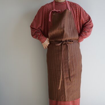 brown stripe× pink linen Apron <c>