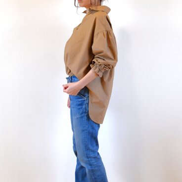 綿100％ ふっくらギャザー スキッパーシャツ コットン タイプライター/ベージュ