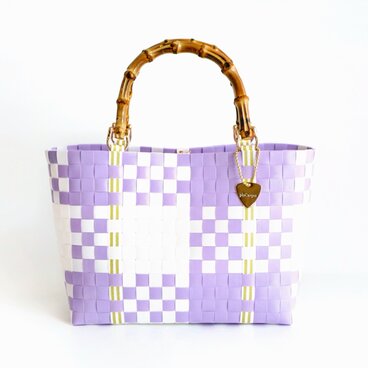 〈受注制作〉ペールラベンダーのチェック×バンブーハンドル  Mサイズ　紫陽花カラー　2WAYプラカゴバッグ　