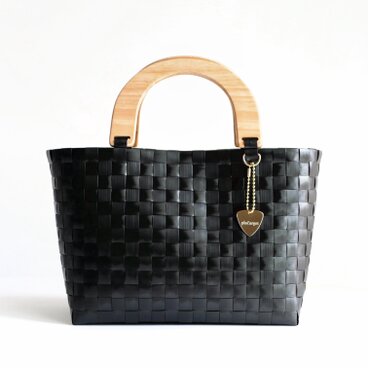 天然木ハンドルのプラカゴバッグ　Mサイズ　ブラック　2WAY