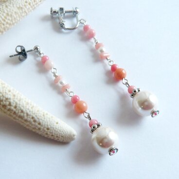 珊瑚とパール イヤリングorピアス(ピンク)