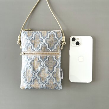 【受注制作】モロッカン生地のスマホポシェット/スマホショルダー/バブ・マンスール/ブルー