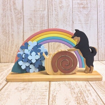 受注制作☆色付き!!!梅雨☆虹と紫陽花とカタツムリと黒柴 柴犬の置物☆紫陽花二色選択可能☆動物変更可能！