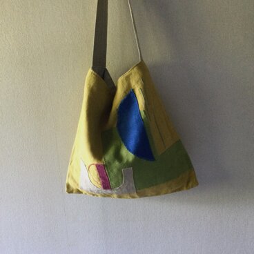 リネンのコラージュと刺し子のトートバッグ