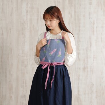 【Michelle Machoto】エプロン ロング ギャザー 花柄 リネン 刺繍 おしゃれ アンゲロニア柄 D-0004