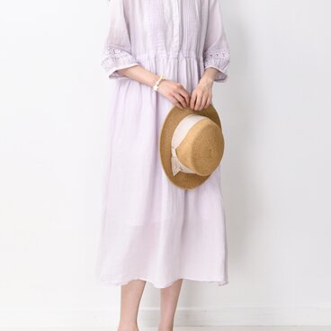七分袖ワンピース リネン ゆったり ギャザーワンピース