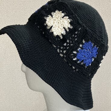 コットンニットのサマーハットーーー　ブラック、ブルー、アイボリー