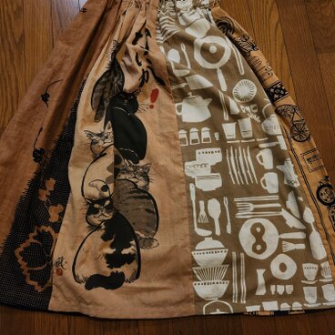 手ぬぐいリメイク⭐柿渋染めで猫！シックで可愛いおとなスカート84cm