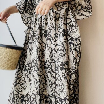 インドコットン　ブロックプリントシスターワンピース　ブラック　鳥ちゃん柄