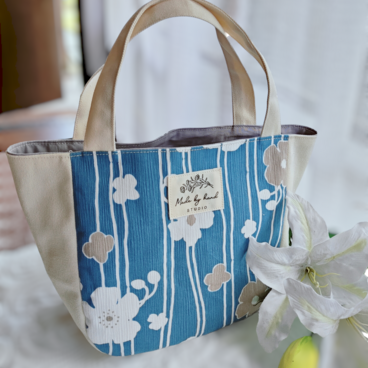 和柄と帆布のミニトート『よろけ縞に花』