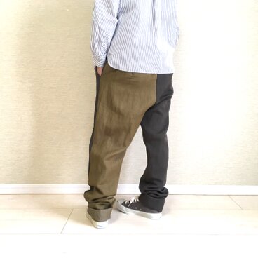 衿付きパンツ005 / ウールリネンでチャコールにカーキ