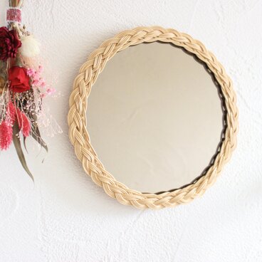 ラタンミラー（ライトブラウン・編み込み） 【壁掛け・ウォールミラー・鏡】玄関インテリア、ナチュラル雑貨