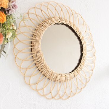 ラタンミラー（ライトブラウン・お花） 【壁掛け・ウォールミラー・鏡】玄関インテリア、サンミラー