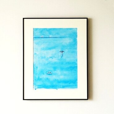 風景画｜原画「思い出の海」イラスト 水彩 絵画 夏 一点物　※大衣サイズ額縁入り