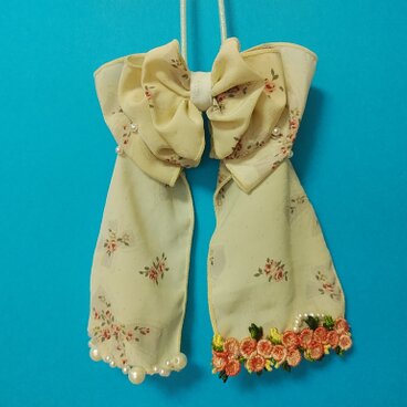 花リボン柄のヴィンテージリボン　ヘアゴム