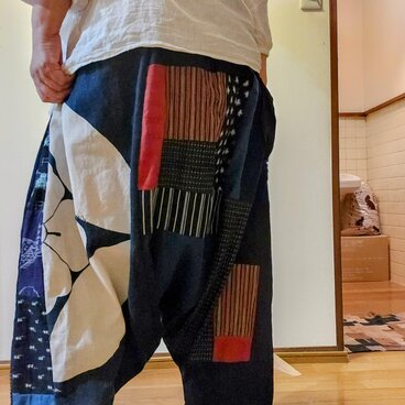 古布リメイク⭐藍染め絣家紋パッチのおとなサルエルパンツ