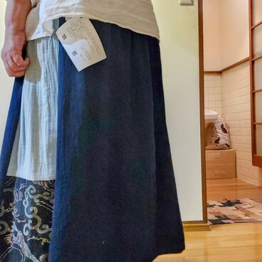 古布リメイク藍染めスカート☆お城の絵絣と暈しがキュート♪77cm丈