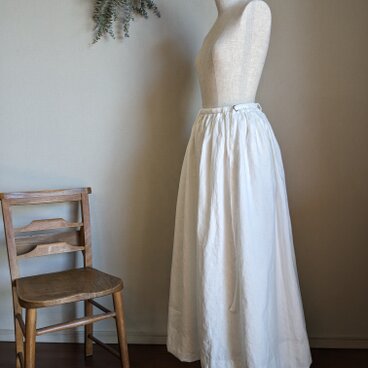 マキシ丈 リネンギャザースカート_ホワイト