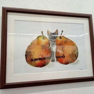 ワイド四つ切りサイズ★ペン画　複製版画　『黄昏』　猫　洋梨