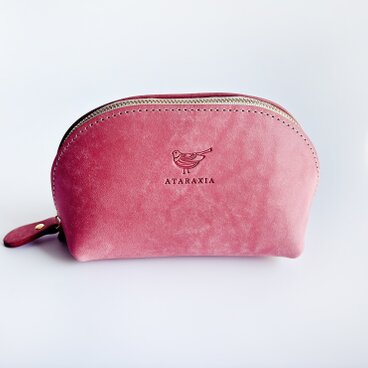 ふっくらレザーポーチ　コーラルピンク（イタリアンレザー　MAYA）バッグインバッグにも☆　化粧ポーチ　トラベルポーチ