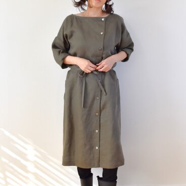 リネン100％ アシンメトリー コート ワンピース /カーキグリーン