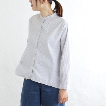 ギザコットン バンドカラーAラインブラウス （ギンガムチェック/グレー）TP10