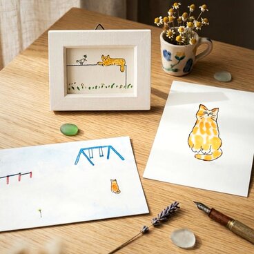 茶トラ猫セット【ミニ額入り複製原画1点 ｜ポストカード2種】猫　猫の日　送料無料