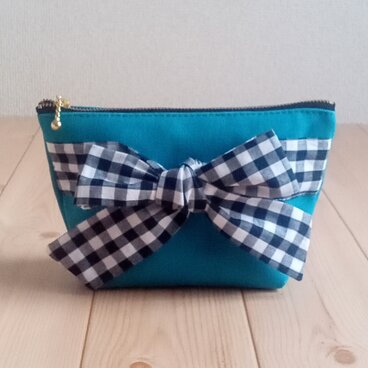 倉敷帆布の18cmリボンポーチ　ギンガムチェックとターコイズブルー　ポケット付き　春　　681