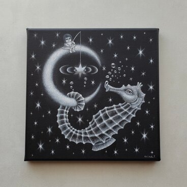 原画「何が釣れるかな」キャンバス 20×20cm