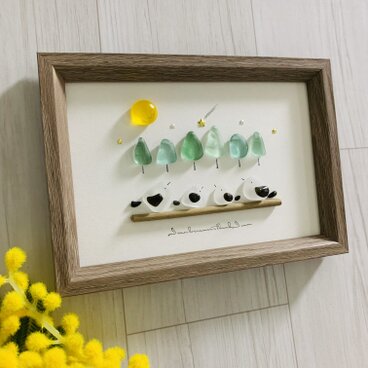 シーグラスアート 海の宝石 シマエナガ 癒しの森 星 インテリア雑貨 書斎  観葉植物 置物 北欧ガラス細工 贈り物 プレゼント