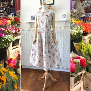 コットンリネンの花柄ノースリーブワンピース『アンリエット ・NSR』ローウエスト切替・タックスカート・フラワープリント・YUWA