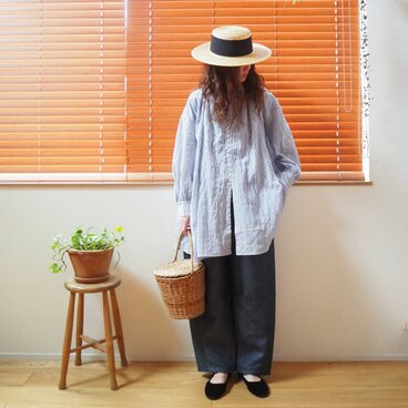 Cotton poplin button long blouse / BLUE(stripe)