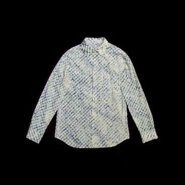 白、緑、黄色、コットン手絞りアンティーク着物リメイク、70sスタイルシャツ 衿芯なしsizeL