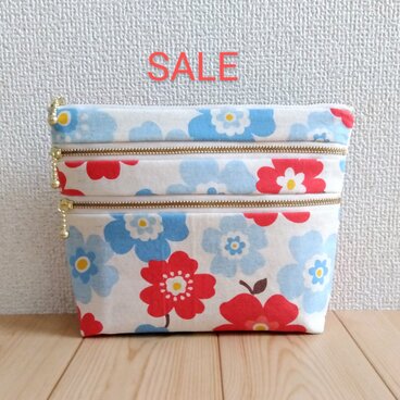 【在庫SALE】北欧風花柄　4段ファスナーポーチ+ポケット　バッグインバッグ　大きめ　母子手帳・通帳ケース　　481