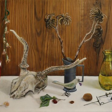 油絵「小鹿頭骨のある静物」