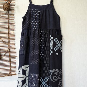 古布リメイク　久留米絣のキャミソールワンピース　久留米絣　藍染　古布ファッション　ゆったりサイズ
