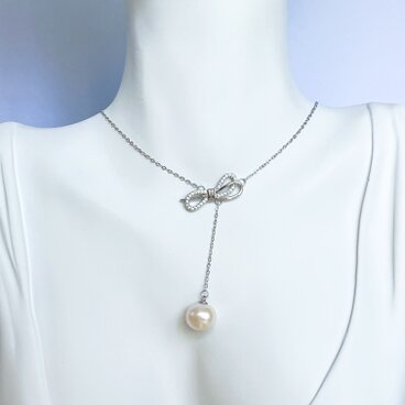 【リボンに願いを込めて】S925 淡水パール ロングペンダント／強光・一点もの