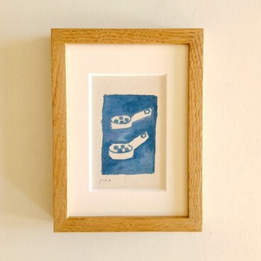 「フライパン」原画 イラスト ※木製額縁入り（2Lサイズ）水彩 ドローイング　インテリアアート