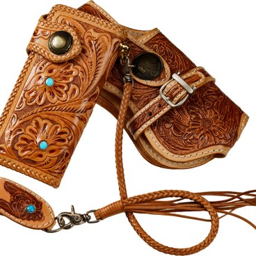 バイカーズウォレット 4点セット 牛革 タイコーズ風 長財布 YKKファスナー 手作り チェーン＆ホルスター付き 限定 C