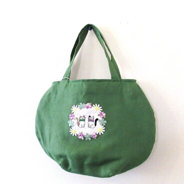 仲良し猫とお花の手提げバッグ 紀州リネン グリーンB