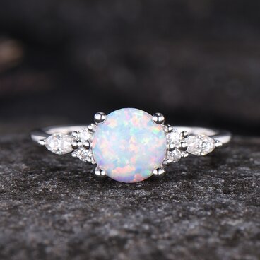 10月の誕生石ホワイトオパールリング モアッサナイトエンゲージリング K10ソリッドホワイトゴールドリング