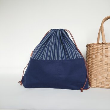 巾着なのに外ポケット！？ XL 両子持縞文様✕無地 紺