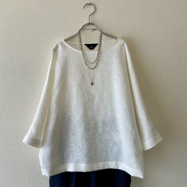 たっぷりしたお袖のフレアー感がきれいなトップス　リネン100％【着丈延長オプションあり】白