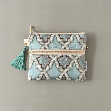 【受注制作】モロッカン生地のポーチ　トリプルジップ♦ライラ ペールブルー♦