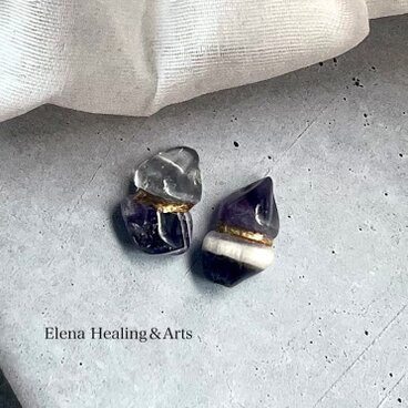金継ぎピアス／イヤリング｜珍しい白紫アメジストとガーデンクォーツの一点もの〈癒しと静けさを宿す天然石〉