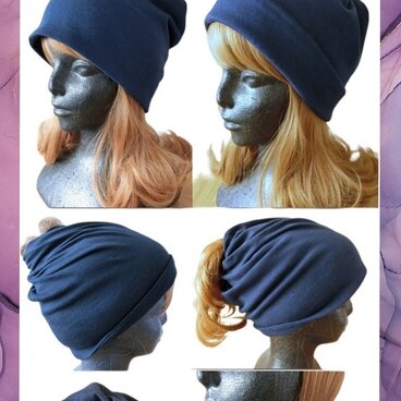 ハンドメイド　3wayスワール帽　ニット帽子　ネイビー綿ニット