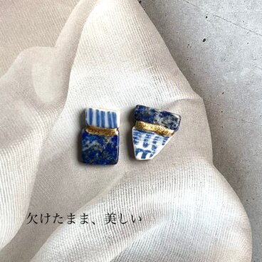 シー陶器 × 金継ぎ｜アシンメトリーピアス／イヤリング（再生の海の欠片）